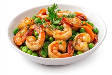 Bowl of shrimp with peas and carrots