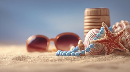 Naklejka premium Beach scene with sunglasses starfish shells beads and wooden container against blue sky.