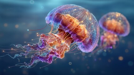 Naklejka premium transparent jellyfish with internal neon circuits floating in a deep blue ocean, sci-fi marine life 