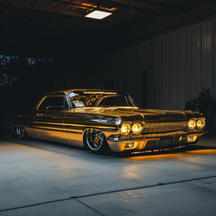 Lowrider in metallic paint under evening garage lights