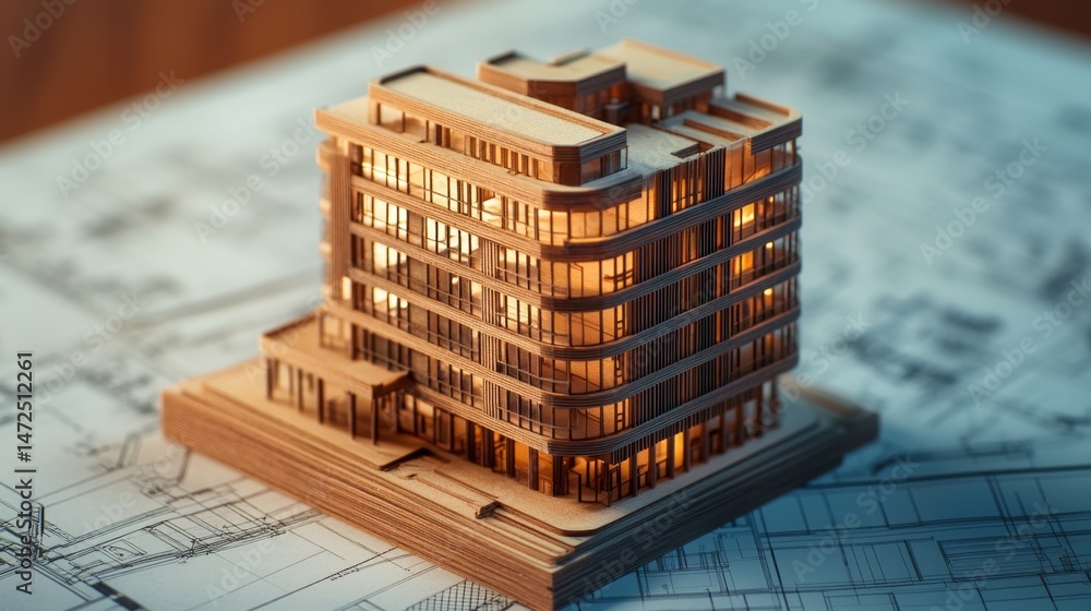 Poster architectural model showcase design studio 3d rendering indoor close-up view modern building concept