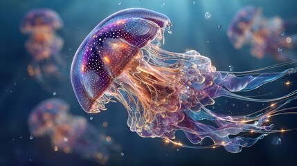 Naklejka premium transparent jellyfish with internal neon circuits floating in a deep blue ocean, sci-fi marine life 