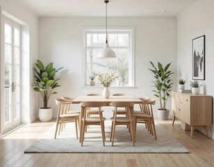 Bright Minimalist Dining Room with Indoor Plants
