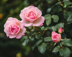 Beautiful Pink Roses in Bloom Surrounded by Lush Green Leaves in a Serene Garden Setting Capturing Nature's Delicate Beauty and Elegance