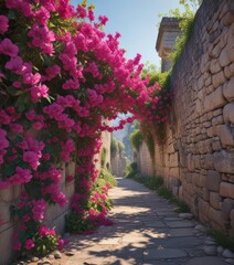 Sun-drenched lane, vibrant bougainvillea cascades over stone walls ,  bright,  Mediterranean,  idyllic