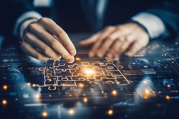 Businessperson fitting puzzle piece on digital interface