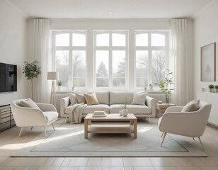 Fototapeta premium Minimalist White Living Room with Natural Light and Scandinavian Decor