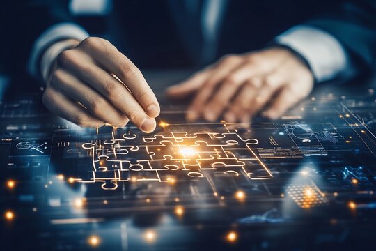 Businessperson fitting puzzle piece on digital interface - Powered by Adobe