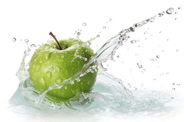 green apple in water splash isolated on white or transparent png