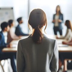 A backview of a business woman talking in front of a group class with a blurred background