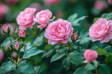 Beautiful pink roses in full bloom surrounded by fresh green leaves in a serene garden setting capturing the essence of nature's delicate elegance.