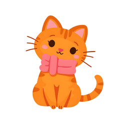 Cute cartoon cat wearing scarf on white background