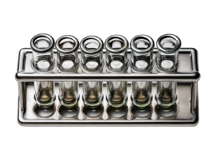 Scientific experiment setup with test tubes in lab environment. Isolated on transparent background, png.