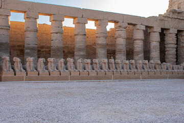 Karnak Temple in Luxor, Egypt. Entrance and Avenue of Sphinxes. Temple complex of Ancient Egypt in honor of the god Amun-Ra