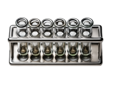 Scientific experiment setup with test tubes in lab environment. Isolated on transparent background, png.