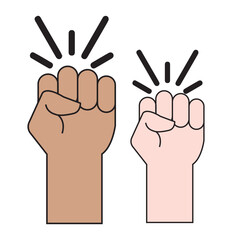 Raised hand with clenched fist icon. Fist raised up strong arm line icon, fist up power Concept of protest, rebel, political demands, revolution, unity, cooperation, lives matter .