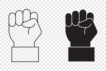 Raised hand with clenched fist icon. Fist raised up strong arm line icon, fist up power Concept of protest, rebel, political demands, revolution, unity, cooperation, lives matter .