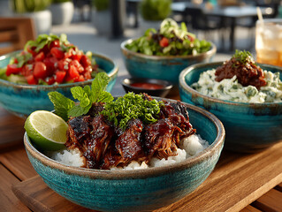 a food photograph showcasing a vibrant hawaiian lunch spread with various dishes including loco moco, poke bowls, kalua pig, and laulau on a wooden table.