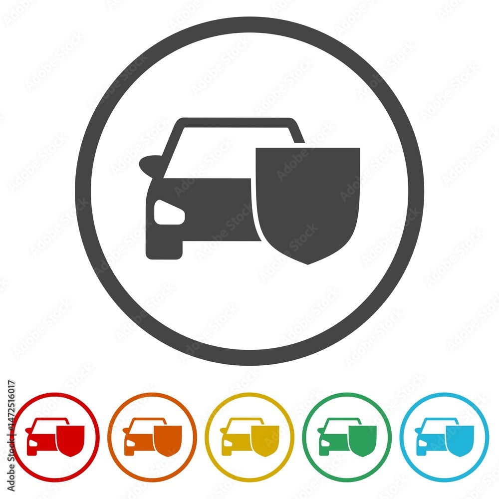 Poster protect car guard shield. car secure icon. set icons in color circle buttons
