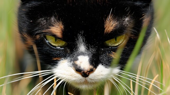 Closeup of Calico Cat in Grass, Intense Gaze