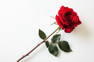 Naklejka premium Beautiful Red Rose with Green Leaves on a White Background, Perfect for Celebrations, Gifts, or Romantic Occasions in Nature and Floral Photography