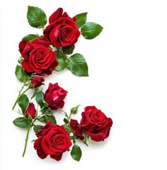 Fototapeta premium Beautiful red roses arranged artistically on a white background, showcasing their vibrant color and delicate petals for floral design and decoration purposes.