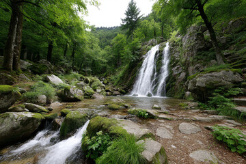 Obraz premium Lush forest waterfall cascading through mossy cliffs 32k, full ultra hd, high resolution