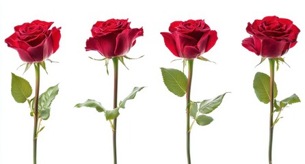 Beautiful Red Roses in Various Stages of Bloom on White Background Perfect for Celebrations and Gifts