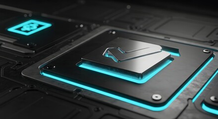 Metal Plate with Glowing Check Mark on Futuristic Surface