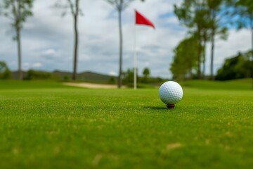 Obraz premium A golf ball sits on the green near a red flag on a cloudy day time