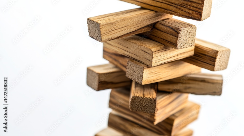 Poster building balance tower of wooden blocks indoor game setting minimalist environment top-down view str