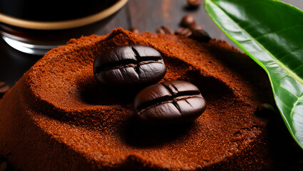 Fresh Coffee Beans and Grounds with Leaf and Brew – Rich Aromatic Composition in High Resolution