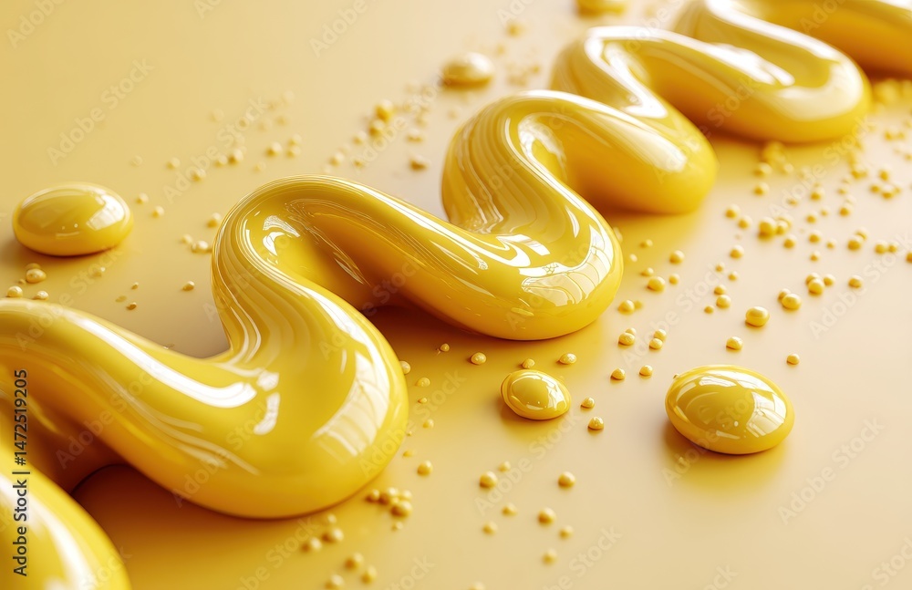 Poster bright and glossy yellow paint smeared in wavy pattern on a smooth surface with colorful droplets fo