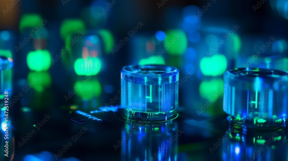 Poster illuminated circuit board components technology lab close-up photography futuristic environment macr