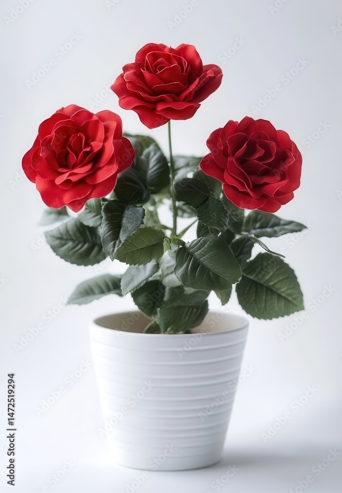 Poster bright red roses in a white pot displaying vibrant colors against soft background creating a beautif