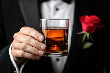 A man in a tuxedo holds a glass of whiskey, featuring a red rose in his lapel, symbolizing elegance and sophistication.