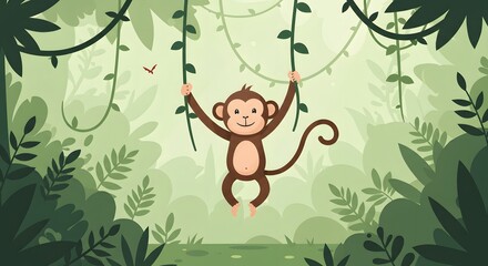 Monkey Swinging on Jungle Vines Cartoon Illustration