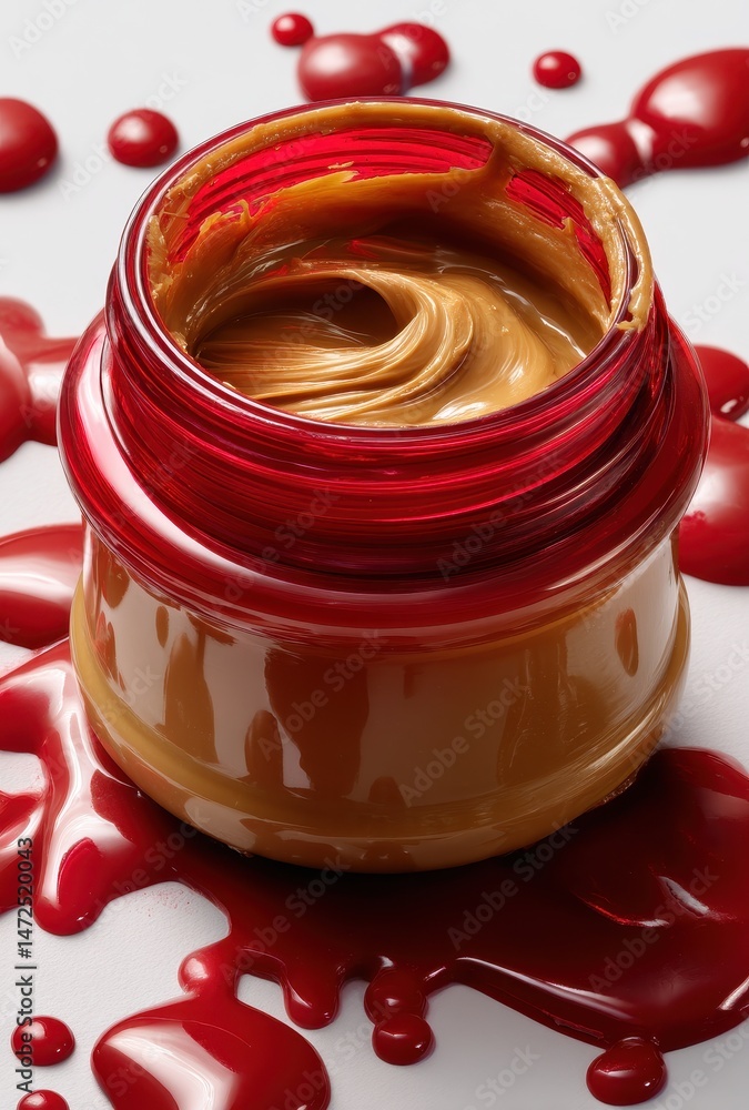 Aufkleber brown creamy texture in a jar with red splashes on a white background creating an abstract art piece