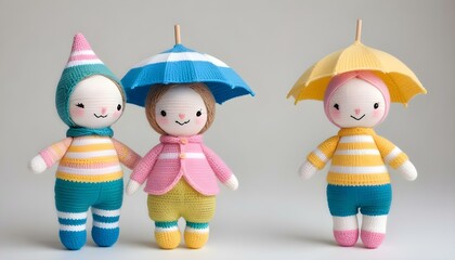 Three adorable crochet dolls are featured with colorful clothes and matching mini umbrellas.