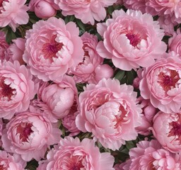 Fototapeta premium Tightly gathered pink peonies, soft pink backdrop Delicate petals , still life, lush
