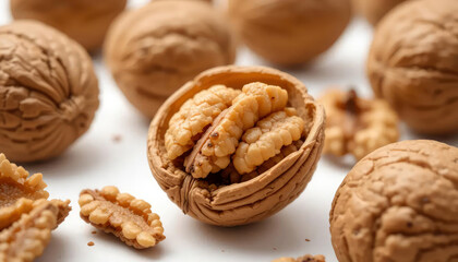 Whole and Cracked Walnuts in High Detail with Natural Earthy Tones