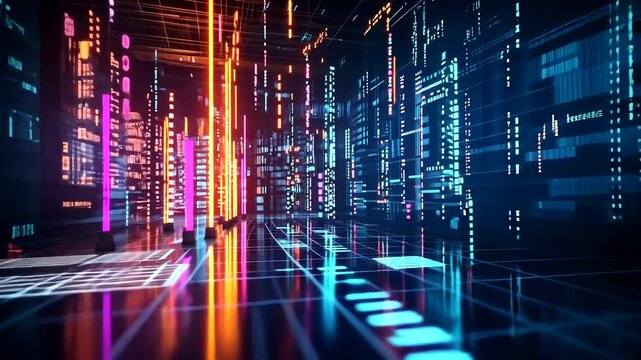 Futuristic neon city of light and data, with glowing buildings reflected on a gridded, digital surface