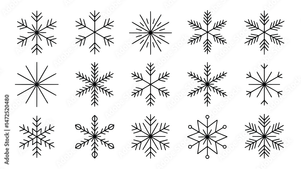 Poster this image showcases a collection of various simple, elegant snowflake designs
