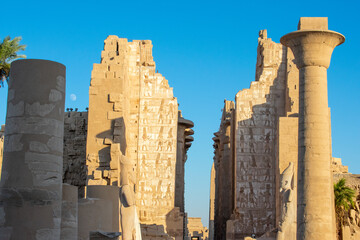 Karnak Temple in Luxor, Egypt. Entrance and Avenue of Sphinxes. Temple complex of Ancient Egypt in honor of the god Amun-Ra