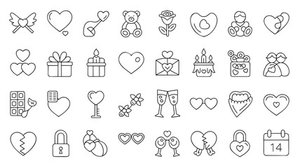 This image features a collection of 20 simple, black-line Valentine's Day icons