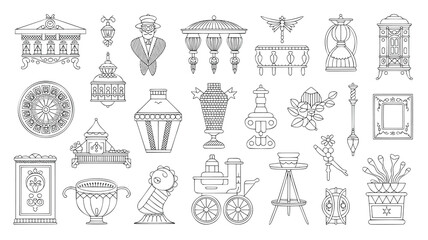 A collection of decorative objects, including furniture, lamps, and other ornamental items, rendered in clean, stylized line art