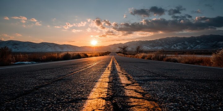 Abstract road winding toward sunrise on a distant mountain horizon, symbolizing vision, success, and motivation in life and career paths.