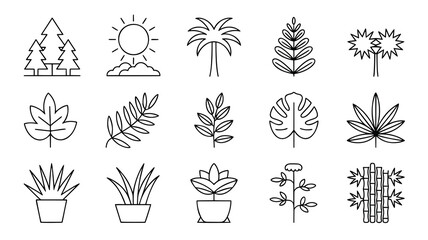This image features a collection of minimalist line art illustrations depicting various plants and trees, including trees, palm trees, leaves, ferns, and potted plants