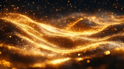 Golden waves sparkle against a dark backdrop. Tiny light particles illuminate the scene