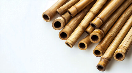 Fototapeta premium A set of bamboo tubes, arranged in an artistic pattern on a white background. The wooden tubes have many small holes at one end and are used as material for making various accessories such